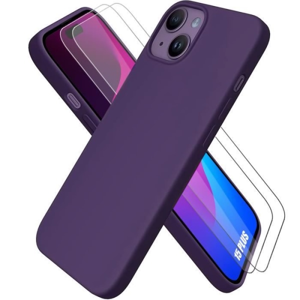 Cover til iPhone 15 Plus med 2 hærdede briller, Ultra Slim Protection Flydende Silikone Mørk Lilla