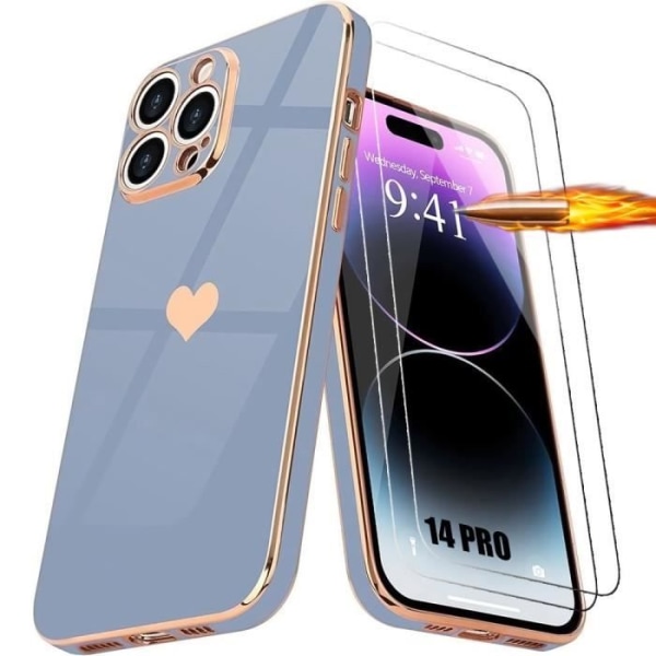 Skal till iPhone 14 Pro - Stötsäker - Silikon TPU - Hjärtmönster - Goldpläterad - 2 Tempererade Glas Blå