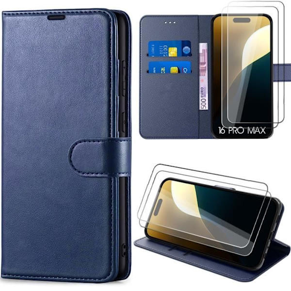 Fodral + 2 härdade glasögon för iPhone 16 Pro Max, elegant fodral i lädereffekt - Marinblå