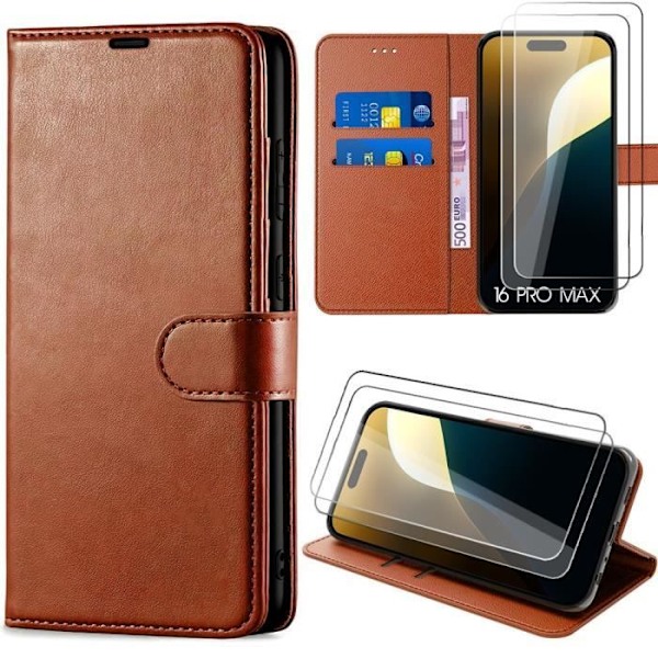 iPhone 16 Pro Max Cover - Mærke - PU Læder - Klap - 2 Tempererede Glas - Fuld Beskyttelse kastanj