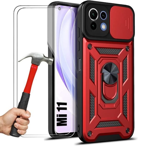 Fodral + 2 härdade glasögon till Xiaomi Mi 11 Red Hard Rigid Ring Anti-Scratch