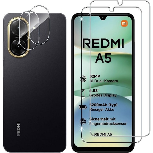 2 Beskyttelsesglas til skærm og 2 bagsidekamera-glas til Xiaomi Redmi A5 4G - Ridsefast beskyttelse Transparent