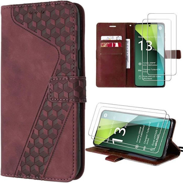 Coque - Xiaomi - Redmi Note 13 Pro 5G - Röd Syntetisk Läder - Komplett Skydd - 2 Härdade Glas Röd