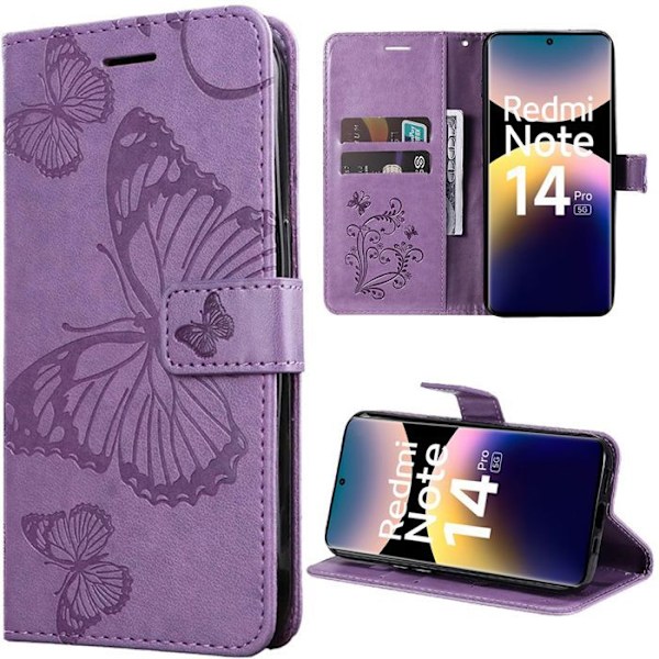 Skydd för Xiaomi Redmi Note 14 Pro 5G (inte för 4G) Skydd Effekt Läder Stöttålig Fjärilsmönster - Lila Lila