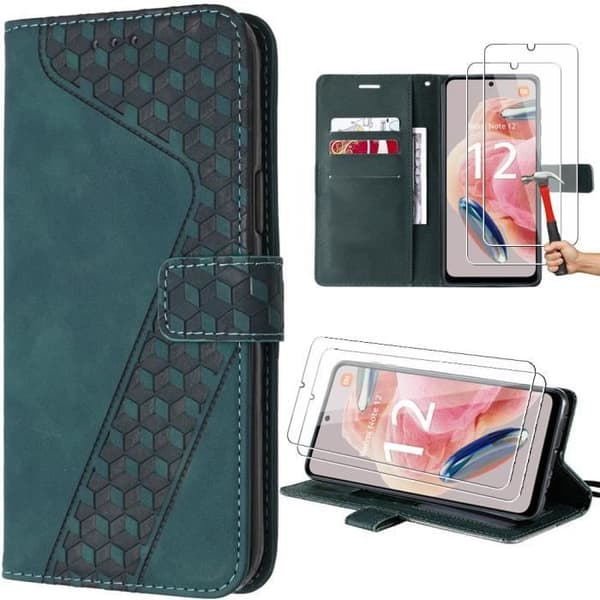 Coque - E.F.CONNECTION - För Xiaomi Redmi Note 12 4G - Grönt Läder Effekt - 2 Härdade Glaser - Justerbar Ställning Grön