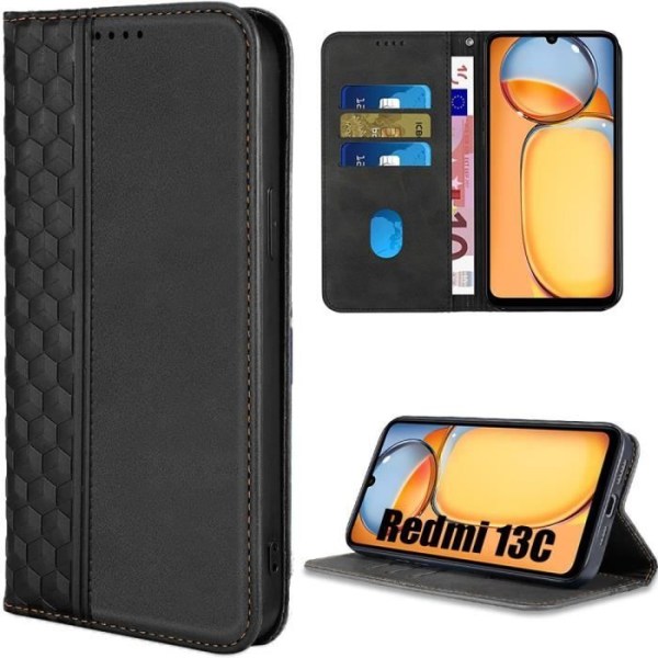 Dæksel til Xiaomi Redmi 13C - Stødabsorberende - PU-læder - Kortspor - Justerbart stativ - Sort Svart
