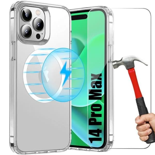 Coque - E.F.CONNECTION - för iPhone 14 Pro Max - Magnetiskt Ring - Transparent - 2 Härdat Glas Transparent