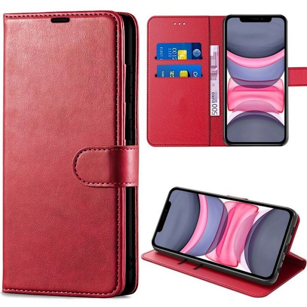 iPhone 11 Etui - Stødabsorberende Flip Case i Rød Syntetisk Læder med Kortlomme Röd