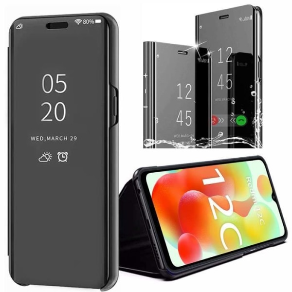 Etui til Xiaomi Redmi 12C - Redmi 11A Spejleffekt Gennemsigtigt vindue sort
