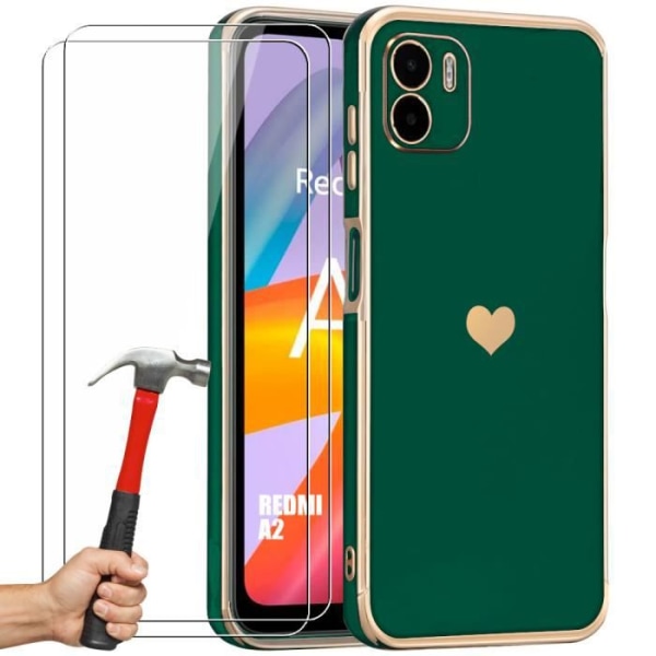 TPU etui til Xiaomi Redmi A2 Midnight Green Heart Pattern Anti-ridse + 2 beskyttende hærdede briller