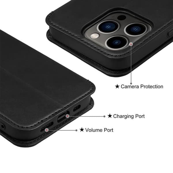 Fodral för iPhone 15 Pro Max + 2 härdade glasögon, svart lädereffektskydd Magnetisk stängning Svart