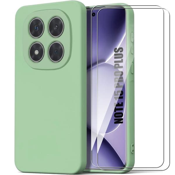 Fodral + 2 Doppade Glas för Xiaomi Redmi Note 15 Pro Plus 5G - Fin Antichock Silikon - Grön Grön