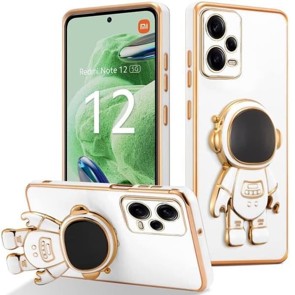 Coque Silikon - E.F.CONNECTION - För Xiaomi Redmi Note 12 5G - Stötabsorberande Skydd - Justerbart Stöd - Astronaut Vit