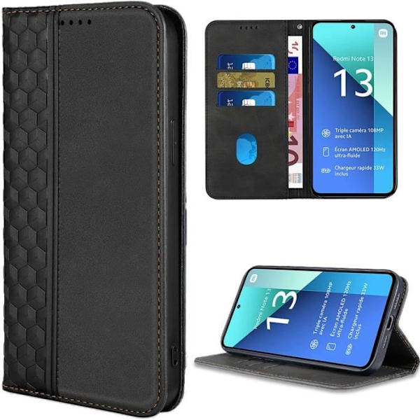 Skal För Skydd - Xiaomi - Redmi Note 13 4G - Stötdämpande - Syntetiskt Läder - Stöd och Kortfack Svart