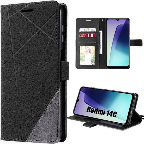 Coque til Xiaomi Redmi 14C - Lædereffekt Anti-Ridse Stødabsorberende Beskyttelse 360° - Sort Svart
