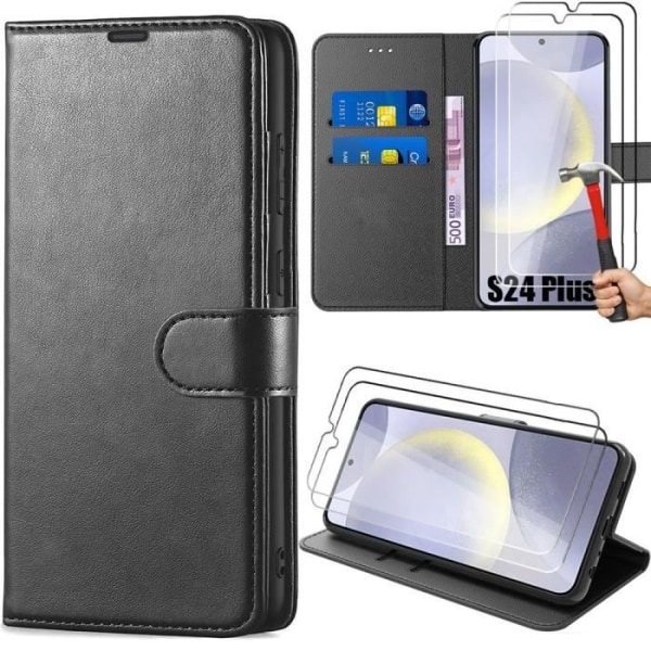 Coque - Samsung - Galaxy S24 Plus - Sort PU Sort - 2 Tempered Glass - Magnetisk Lukning Svart