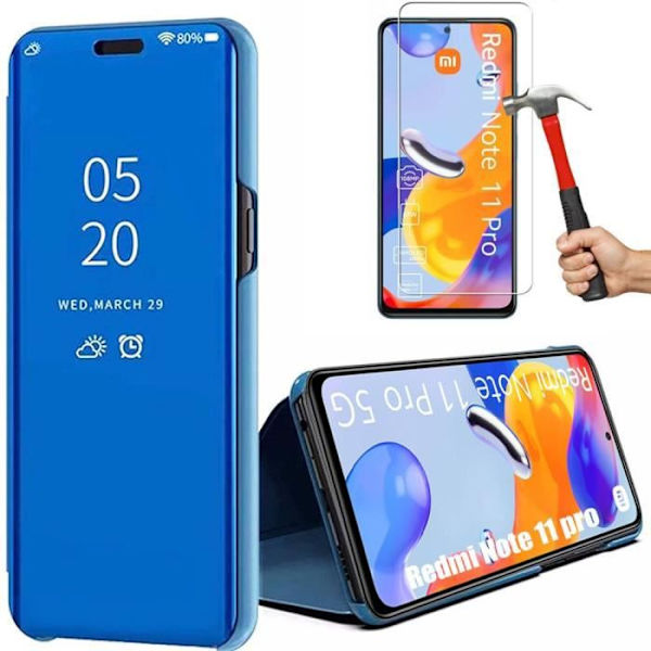 Etui til Xiaomi Redmi Note 11 Pro 5G-4G Blue Mirror Effect + 2 hærdede briller Blå