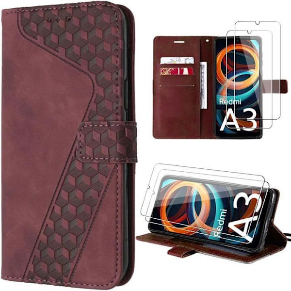 Cover til Xiaomi Redmi A3 - Rød - Præget PU Læder - Stødabsorption - 2 Hærdede Glas Röd