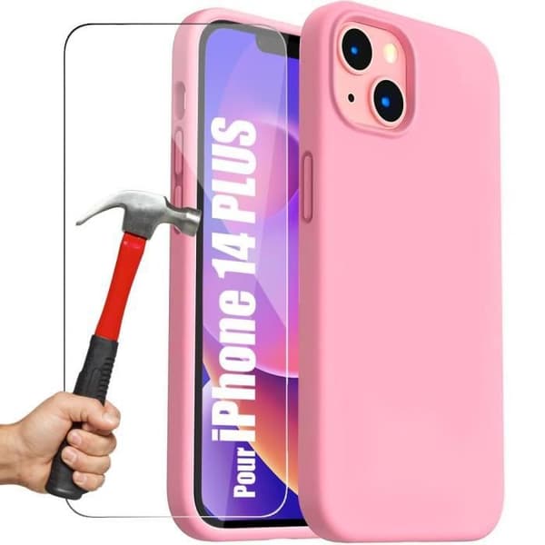 Skyddsskal - E.F.CONNECTION - för iPhone 14 Plus - Rosa Silikon - Mjuk - 2 Härdade Glas Rosa