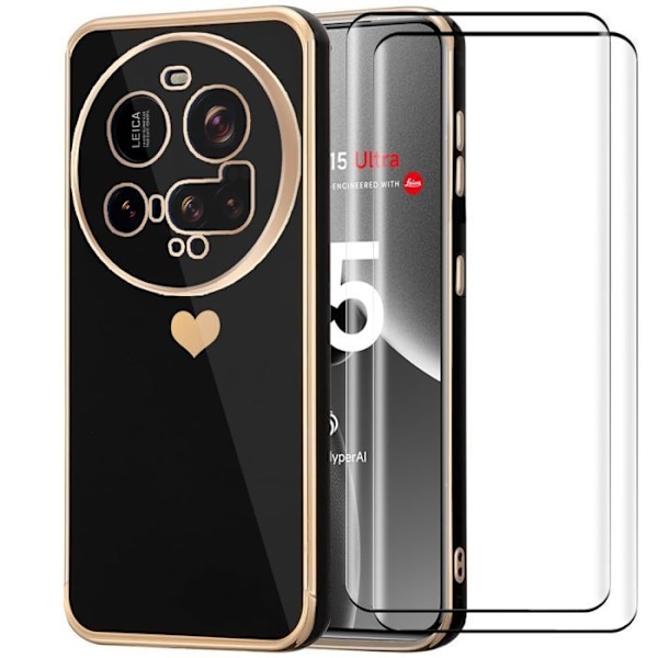 Coque til Xiaomi 15 Ultra, med Hjerte Mønster Anti-Ridse Blød TPU Sort + 2 Temperede Glas Svart