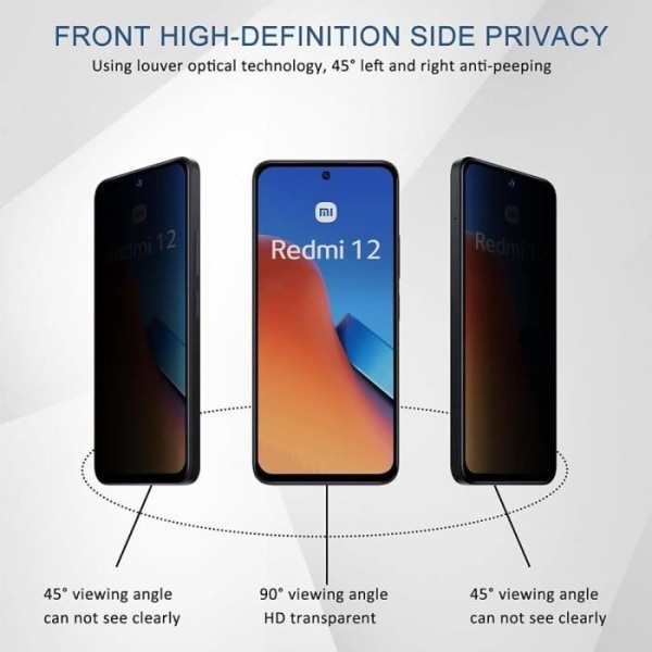 Antispion skyddsglas i härdat glas för Xiaomi Redmi 12 5G-4G - Svart paket med 4 (inte för Redmi Note 12)