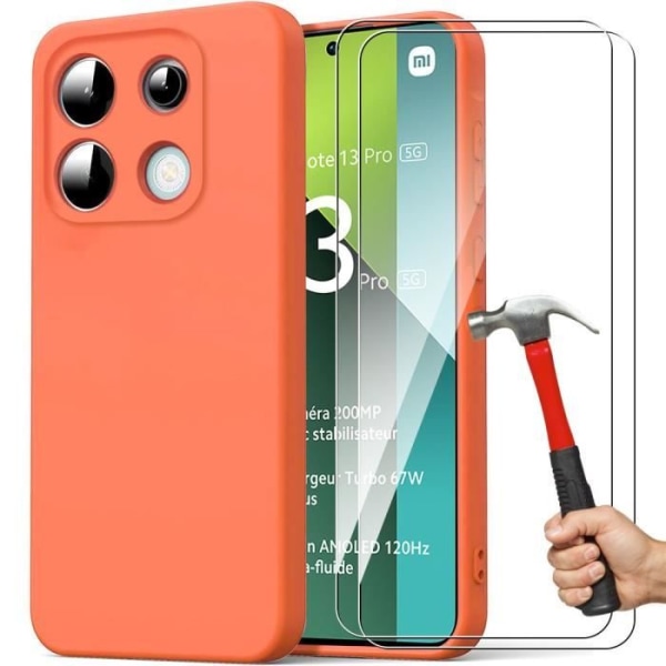 Fodral till Xiaomi Redmi Note 13 Pro 5G (ej för 4G) - Anti-Scratch Matt Orange Flytande Silikonskydd + 2 härdade glasögon