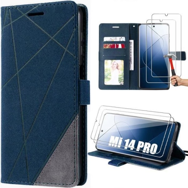 Coque för Xiaomi 14 Pro - MÄRKE - Retro Läder Effekt - 2 Härdat Glas - Stödfunktion - Marinblå marinblå