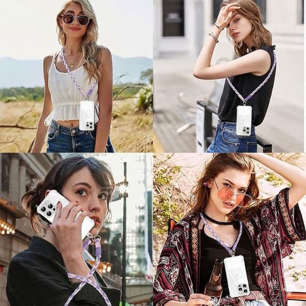 Universell telefonrem med patch, flätad axelrem anti-fall vit lila Vit, lila, rosa