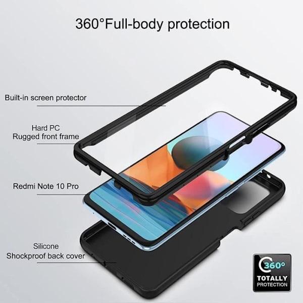 360 Integral Case för Redmi Note 10 Pro Black, Anti-Scratch Light Mjuk Svart