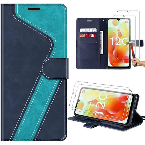 Coque - Xiaomi - Redmi 12C-11A - Skydd Lädereffekt - 2 Tempererade Glas - Mjuk Blå