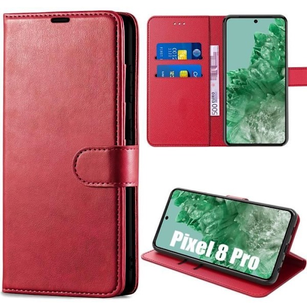 Fodral för Google Pixel 8 Pro, stötsäkert anti-skrapa plånboksfodral PU-läder, rött