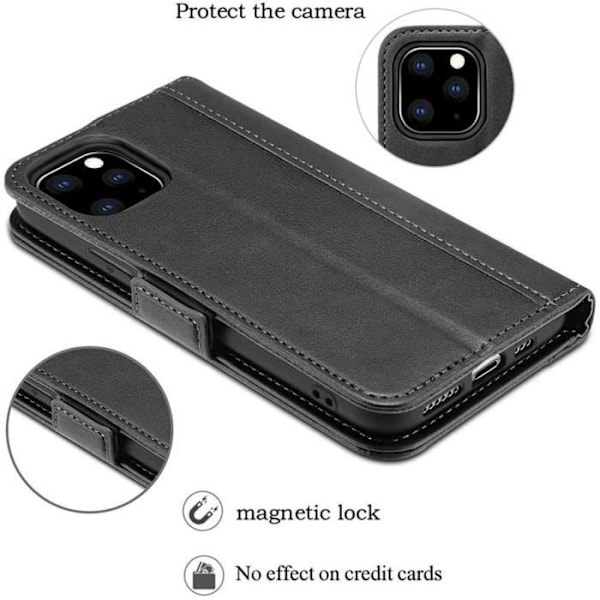Coque Etui Rabat - E.F.CONNECTION - för iPhone 11 Pro Max - Syntetiskt Läder Svart - Härdat Glas - 360° Skydd Svart