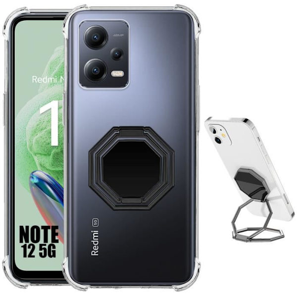 Fodral till Xiaomi Redmi Note 12 5G Transparent silikon med justerbar ringhållare Svart transparent-svart