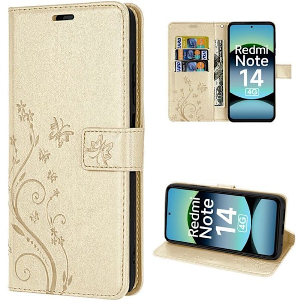 Coque för Xiaomi Redmi Note 14 4G (inte för 5G) Skydd Flip Sintetiskt Läder Guld Blomster Mönster Fjäril gyllene