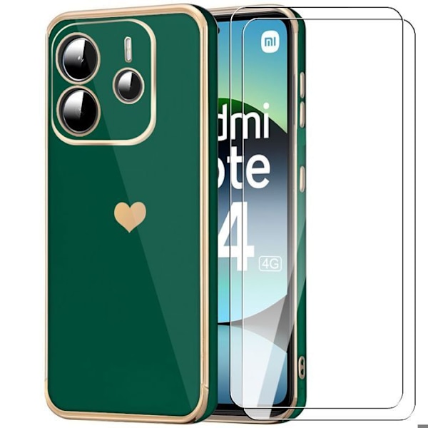 Coque + 2 Tåliga Glas för Xiaomi Redmi Note 14 4G (inte för 5G) Skydd Mönster Hjärta Stötabsorberande Lätt - Nattgrön Nattgrönt