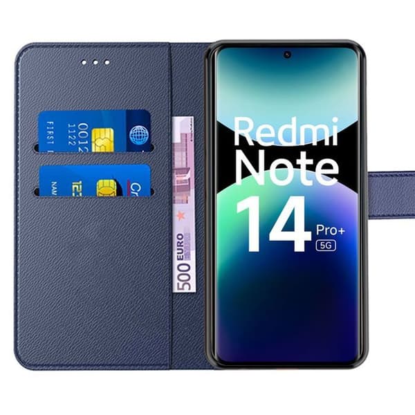 Coque - E.F.CONNECTION - För Xiaomi Redmi Note 14 Pro Plus 5G - Blå marin PU-läder - Stötabsorberande - Repåtsande marinblå