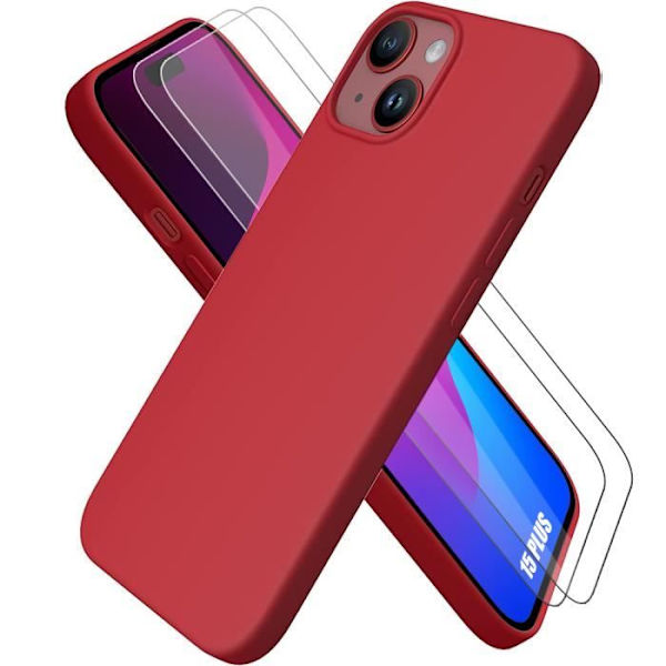 Fodral med 2 härdade glasögon för iPhone 15 Plus - Mattrött Tunt TPU skyddsfodral