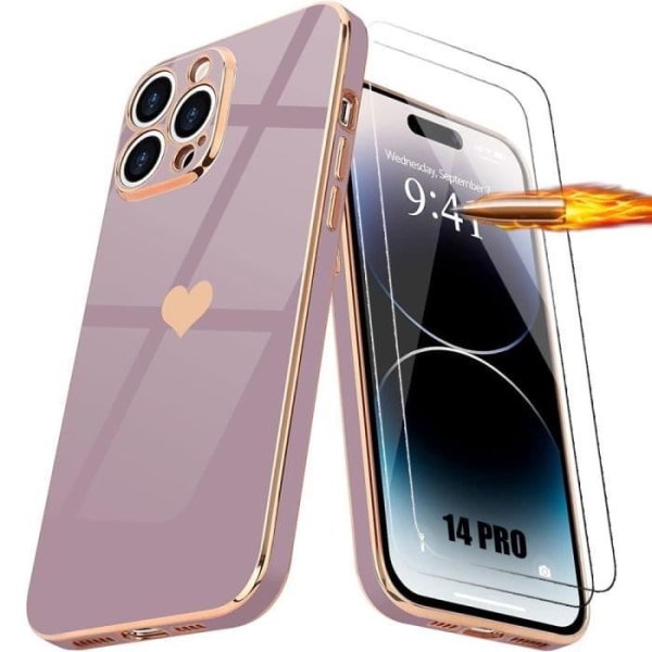 Fodral + 2 härdade glasögon för iPhone 14 Pro, stötsäkert flytande silikonfodral med guld- och pläterat hjärta kärleksmönster - lila