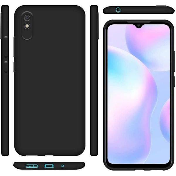 Etui til Redmi 9A (6,53") s Beskyttelse Blød silikone Højstyrke Præcis skæring Sort med hærdet glas Svart