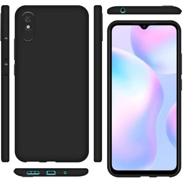 Skyddsskal - E.F.CONNECTION - för Redmi 9A - Mjukt silikon - Härdat glas - Precise skärningar Svart