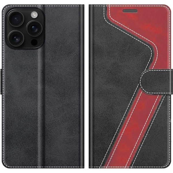 Cover til iPhone 16 Pro, Beskyttelse Blød Flap Stødsikker Syntetisk Læder Rød-Sort + 2 hærdede briller