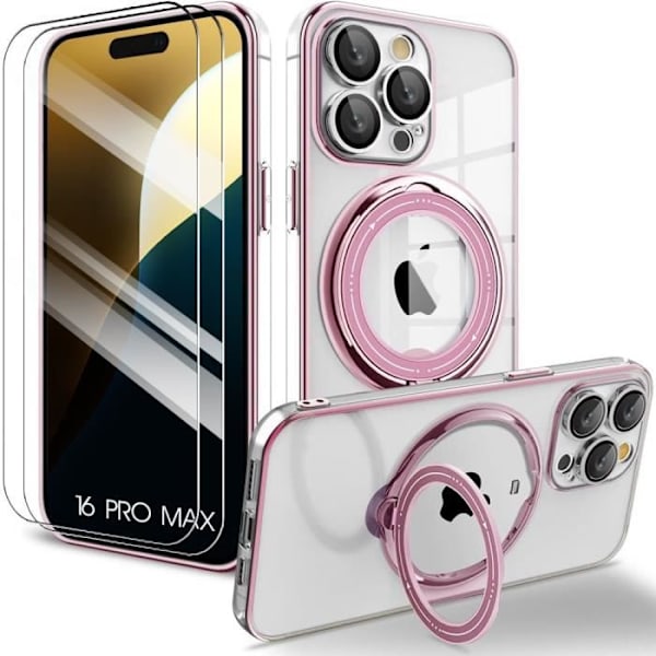 Fodral + 2 härdade glasögon för iPhone 16 Pro Max, fodral med magnetiskt stöd - Stötsäkert skydd Rosa