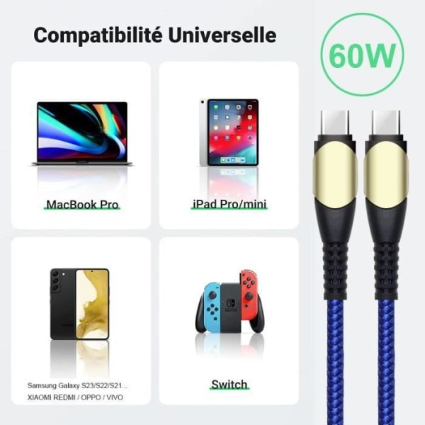 Paket med 3 60W snabb USB-C till USB-C-kabel för iPhone 15, 15 Plus, 15 Pro, 15 Pro Max - Förstärkt nylon 1M Blå