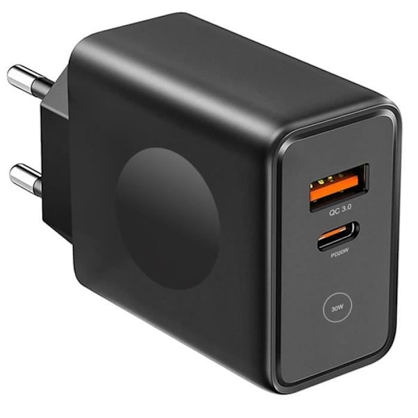 Lader - E.F.CONNECTION - 30W - 2 porte - PD USB-C 20W - QC 3.0 - Sort Svart