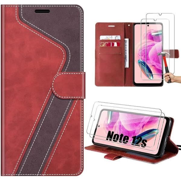 Coque - Xiaomi - Redmi Note 12S - Röd - PU-läderfodral - 2 härdade glas Rödbrun