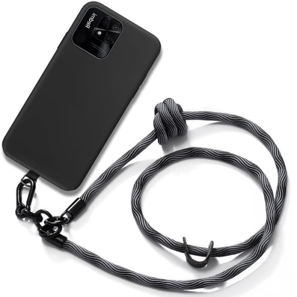 Lanyardfodral till Xiaomi Redmi 10C Soft Silicone Black med grå halsband