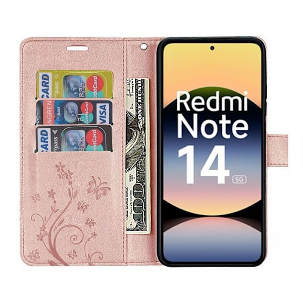 Coque til Xiaomi Redmi Note 14 5G (ikke til 4G) Beskyttelse Låget Stødabsorberende Syntetisk læder Motif Sommerfugl Rosa Rosa
