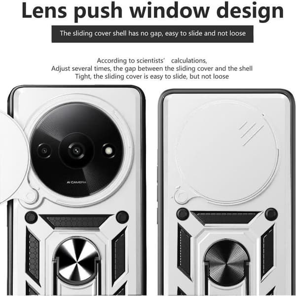 Fodral till Xiaomi Redmi 14C - Hårt stötsäkert med ringstöd och linsskydd - Silver