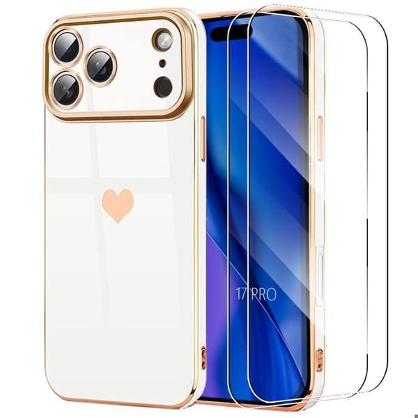 Skyddsskal - E.F.Connection - för iPhone 17 Pro - Silikon Mönster Hjärta Vit - 2 Härdat Glas Vit