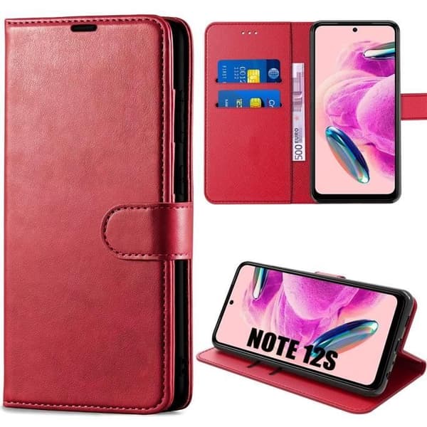 Skydd - Xiaomi - Redmi Note 12S - Röd - PU-läder - Stötdämpande - Justerbart stativ Röd